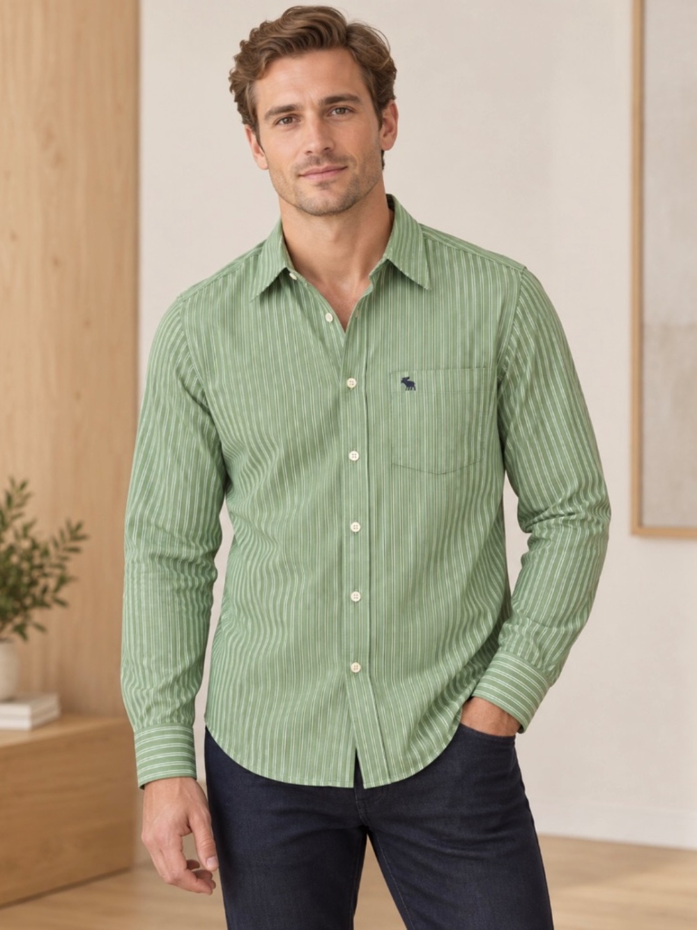 Abercrombie & Fitch Muscle Men's Green & White Striped Button Up Shirt Medium